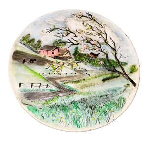 Vintage Hand-Painted Farm Scene Plate – Duncan Ceramics 14” Country Wall Art
